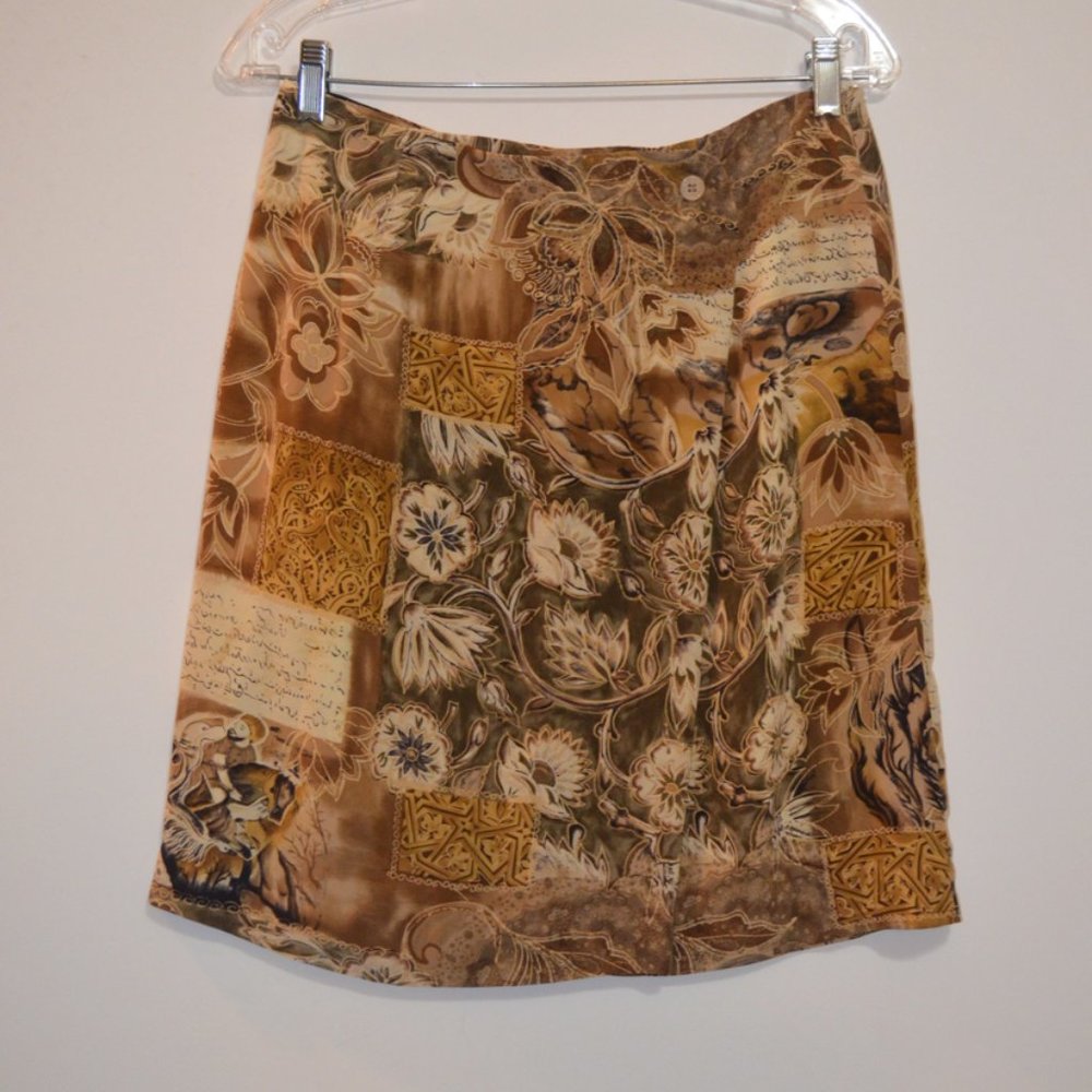 MARK SHALE Midi Skirt Lining Front Fold Floral Cream-Brown Zip Back USA 10